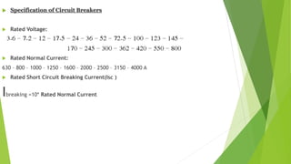  Specification of Circuit Breakers
 Rated Voltage:
 Rated Normal Current:
630 – 800 – 1000 – 1250 – 1600 – 2000 – 2500 – 3150 – 4000 A
 Rated Short Circuit Breaking Current(Isc )
Ibreaking =10* Rated Normal Current
 