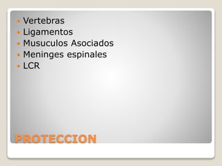 PROTECCION
 Vertebras
 Ligamentos
 Musuculos Asociados
 Meninges espinales
 LCR
 