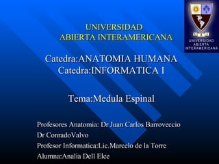       UNIVERSIDAD    ABIERTA INTERAMERICANA     Catedra:ANATOMIA HUMANA Catedra:INFORMATICA I Tema:Medula Espinal Profesores Anatomia: Dr Juan Carlos Barroveccio Dr ConradoValvo Profesor Informatica:Lic.Marcelo de la Torre Alumna:Analia Dell Elce                  