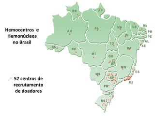 www.ameo.org.br
Hemocentros
(Centros de Recrutamento de Doadores)
57 centros de
recrutamento
de doadores
Hemocentros e
Hemonúcleos
no Brasil
 