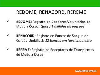 www.ameo.org.br
www.ameo.org.brwww.ameo.org.brwww.ameo.org.br
 REDOME: Registro de Doadores Voluntários de
Medula Óssea: Quase 4 milhões de pessoas
 RENACORD: Registro de Bancos de Sangue de
Cordão Umbilical: 12 bancos em funcionamento
 REREME: Registro de Receptores de Transplantes
de Medula Óssea
REDOME, RENACORD, REREME
 
