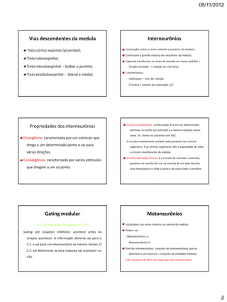 05/11/2012
2
Vias descendentes da medula
 Trato córtico espinhal (piramidal);
Trato rubroespinhal;
Trato reticuloespinhal – bulbar e pontino;
Trato vestibuloespinhal - lateral e medial;
Interneurônios
Localização: entre o corno anterior e posterior da medula;
Constituem a grande maioria dos neurônios da medula;
Capaz de transformar os sinais de entrada em novos padrões =
função excitação  inibição ou vice-versa.
Características:
- Individuais = inter de inibição
- Circuitos = sistema de coativação /
Propriedades dos interneurônios
Divergência: caracterizada por um estímulo que
chega a um determinado ponto e vai para
várias direções.
Convergência: caracterizada por vários estímulos
que chegam a um só ponto.
Circuito reverberante: a informação fica em um determinado
estímulo. Eu tenho um estímulo e a mesma resposta várias
vezes. Ex: clonos no paciente com AVC.
O circuito reverberante também está presente nos centros
superiores. E os centros superiores têm a capacidade de inibir
o circuito reverberante da medula.
Circuito alternado rítmico: é o circuito de retirada e extensão,
presente na marcha.Por ex: na marcha de um lado fascilita
uma musculatura e inibe a outra e do outro lado o contrário
Gating medular
!!!!!!!!! Teoria das Comportas !!!!!!!!!
Gating pré sinaptico inibitório: acontece antes da
sinapse acontecer. A informação aferente vai para o
C.S. e vai para um interneurônio ao mesmo tempo. O
C.S. vai determinar se essa resposta vai acontecer ou
não.
Motoneurônios
Localizados nos corno anterior ou ventral da medula;
Podem ser:
- Motoneurônios ;
- Motoneurônios ;
Pool de motoneurônios: conjunto de motoneurônios que se
destinam a um músculo = conjunto de unidades motoras.
U.M. conjunto de FEFs inervadas por um motoneurônio.
 
