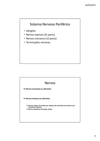 26/03/2012




         Sistema Nervoso Periférico
•   Gânglios
•   Nervos espinais (31 pares)
•   Nervos cranianos (12 pares)
•   Terminações nervosas




                             Nervos
    Nervos sensoriais ou aferentes



    Nervos motores ou eferentes


       Nervos mistos, formados por axônios de neurônios sensoriais e por
       neurônios motores
       Nervos espinhais são todos mistos




                                                                                   9
 