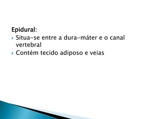Epidural:
 Situa-se entre a dura-máter e o canal
vertebral
 Contém tecido adiposo e veias
 