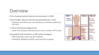 Overview
• First characterized by Hazard and associates in 1959
• Cell of origin: Neural crest derived parafollicular C-cells
• Calcitonin and CEA serum concentrations are directly related to C-
cell mass
• 1-2% of all thyroid malignancies
• Lower than previous estimates due to rise in number of PTC cases
• Associated with mutations in RET proto-oncogene
• 50% of sporadic cases have RET mutation
• All MEN2A, MEN2B and FMTC cases have RET mutation
 