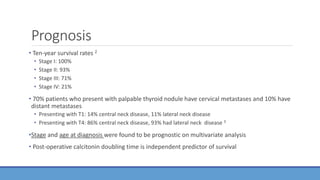 Prognosis
• Ten-year survival rates 2
• Stage I: 100%
• Stage II: 93%
• Stage III: 71%
• Stage IV: 21%
• 70% patients who present with palpable thyroid nodule have cervical metastases and 10% have
distant metastases
• Presenting with T1: 14% central neck disease, 11% lateral neck disease
• Presenting with T4: 86% central neck disease, 93% had lateral neck disease 3
•Stage and age at diagnosis were found to be prognostic on multivariate analysis
• Post-operative calcitonin doubling time is independent predictor of survival
 
