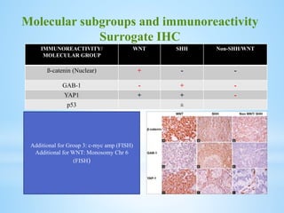 IMMUNOREACTIVITY/
MOLECULAR GROUP
WNT SHH Non-SHH/WNT
ß-catenin (Nuclear) + - -
GAB-1 - + -
YAP1 + + -
p53 ±
Molecular subgroups and immunoreactivity
Surrogate IHC
Additional for Group 3: c-myc amp (FISH)
Additional for WNT: Monosomy Chr 6
(FISH)
 