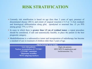  Currently risk stratification is based on age (less than 3 years of age), presence of
disseminated disease (M1-4, and extent of surgical resection (<1.5 or >1.5cm residual)
and histological differentiation along glial, ependymal or neuronal line. (5 yrs PFS
among group: 77% vs 53%)
 In cases in which there is greater than 1.5 cm of residual tumor, a repeat procedure
should be considered, if safe and anatomically feasible, to place the patient in the best
prognostic category.
 Medulloblastoma is a radiosensitive tumor and incorporation of radiotherapy has become
a standard of care in treatment of children older than 3 years of age.
RISK STRATIFICATION
PROGNOSTIC FACTORS
Low-risk patients.
Nuclear accumulation of CTNNB1*
CTNNB1* mutations
Monosomy stratifies
*WNT subgroup markers
High-risk patients:
MYC/MYCN amplication and
isochromosome 17q
 