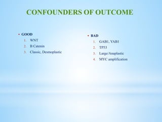  GOOD
1. WNT
2. B Catenin
3. Classic, Desmoplastic
CONFOUNDERS OF OUTCOME
 BAD
1. GAB1, YAB1
2. TP53
3. Large/Anaplastic
4. MYC amplification
 