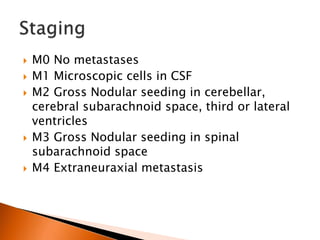  M0 No metastases
 M1 Microscopic cells in CSF
 M2 Gross Nodular seeding in cerebellar,
cerebral subarachnoid space, third or lateral
ventricles
 M3 Gross Nodular seeding in spinal
subarachnoid space
 M4 Extraneuraxial metastasis
 