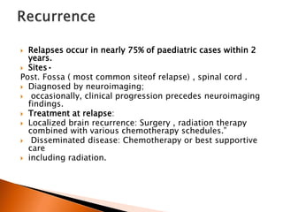  Relapses occur in nearly 75% of paediatric cases within 2
years.
 Sites•
Post. Fossa ( most common siteof relapse) , spinal cord .
 Diagnosed by neuroimaging;
 occasionally, clinical progression precedes neuroimaging
findings.
 Treatment at relapse:
 Localized brain recurrence: Surgery , radiation therapy
combined with various chemotherapy schedules.”
 Disseminated disease: Chemotherapy or best supportive
care
 including radiation.
 