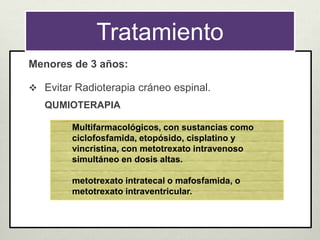 Tratamiento
Menores de 3 años:
 Evitar Radioterapia cráneo espinal.
QUMIOTERAPIA
Multifarmacológicos, con sustancias como
ciclofosfamida, etopósido, cisplatino y
vincristina, con metotrexato intravenoso
simultáneo en dosis altas.
metotrexato intratecal o mafosfamida, o
metotrexato intraventricular.
 