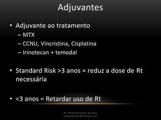 Adjuvantes
• Adjuvante ao tratamento
– MTX
– CCNU, Vincristina, Cisplatina
– Irinotecan + temodal
• Standard Risk >3 anos = reduz a dose de Rt
necessária
• <3 anos = Retardar uso de Rt
Dr. Peterson Xavier da Silva
Dr. Peterson Xavier da Silva
medpeterson@hotmail.com
 