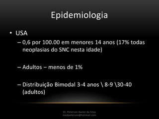 Epidemiologia
• USA
– 0,6 por 100.00 em menores 14 anos (17% todas
neoplasias do SNC nesta idade)
– Adultos – menos de 1%
– Distribuição Bimodal 3-4 anos  8-9 30-40
(adultos)
Dr. Peterson Xavier da Silva
Dr. Peterson Xavier da Silva
medpeterson@hotmail.com
 