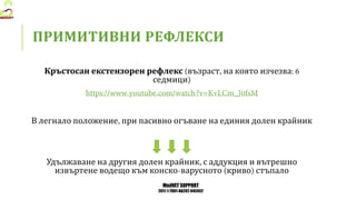 MedVET SUPPORT
2017-1-TR01-KA202-045932
ПРИМИТИВНИ РЕФЛЕКСИ
Кръстосан екстензорен рефлекс възраст на която изчезва
седмици
В легнало положение при пасивно огъване на единия долен крайник
Удължаване на другия долен крайник с аддукция и вътрешно
извъртене водещо към конско варусното криво стъпало
 