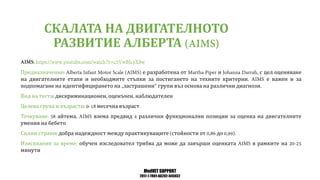 MedVET SUPPORT
2017-1-TR01-KA202-045932
СКАЛАТА НА ДВИГАТЕЛНОТО
РАЗВИТИЕ АЛБЕРТА
Предназначение е разработена от и с цел оценяване
на двигателните етапи и необходмите стъпки за постигането на техните критерии е важен и за
подпомагане на идентифицирането на застрашени групи въз основа на различни диагнози
Вид на теста дискриминационен оценъчен наблюдателен
Целева група и възрасти месечна възраст
Точкуване айтема взема предвид различни функционални позиции за оценка на двигателните
умения на бебето
Силни страни добра надеждност между практикуващите стойности от до
Изисквания за време обучен изследовател трябва да може да завърши оценката в рамките на
минути
 