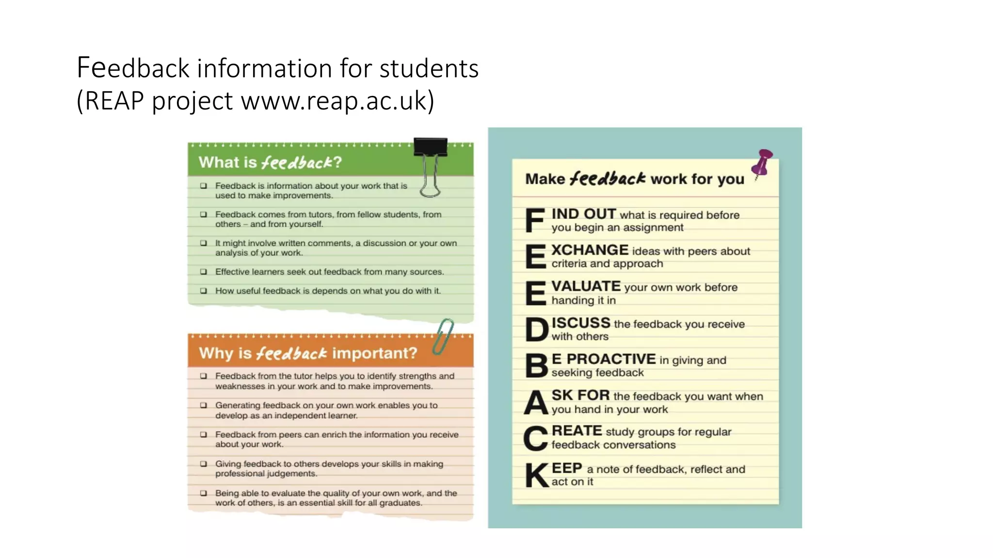 Feedback information for students
(REAP project www.reap.ac.uk)
 
