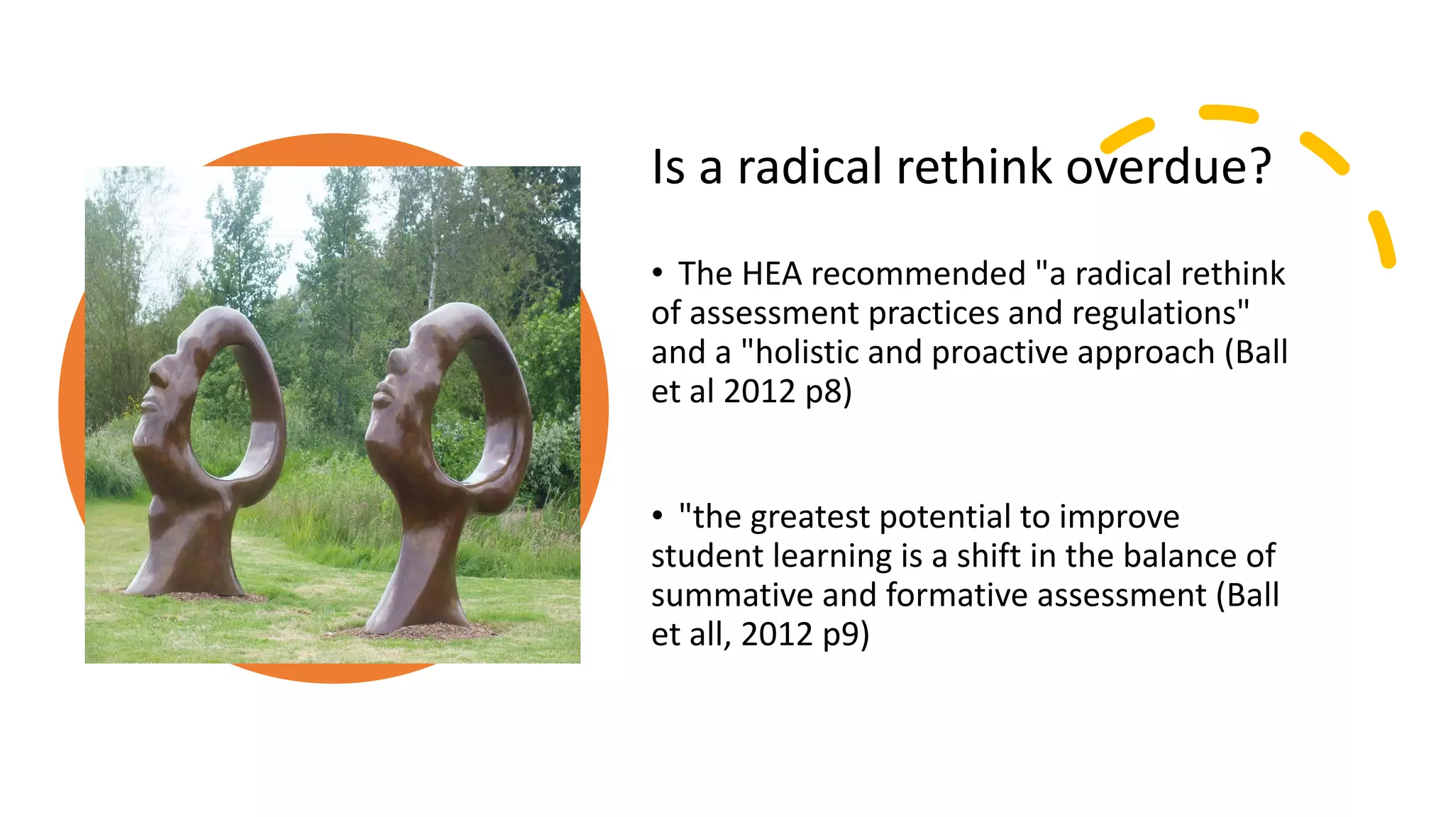 Is a radical
rethink
overdue?
Is a radical rethink overdue?
• The HEA recommended "a radical rethink
of assessment practices and regulations"
and a "holistic and proactive approach (Ball
et al 2012 p8)
• "the greatest potential to improve
student learning is a shift in the balance of
summative and formative assessment (Ball
et all, 2012 p9)
 