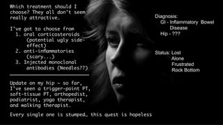 Status:
Lost
Alone
Frustrated
Rock Bottom
Diagnosis:
GI –
Inflammatory
Bowel Disease
Hip - ???
Which treatment should I
choose? They all don’t seem
really attractive.
I’ve got to choose from
1. oral corticosteroids
(potential ugly side-

effect)
2. anti-inﬂammatories
(scary...)
3. Injected monoclonal
antibodies (Needles??) 
Update on my hip – so far,
I’ve seen a trigger-point PT,
soft-tissue PT, orthopedist,
podiatrist, yoga therapist,
and walking therapist. 
Every single one is stumped… this quest is hopeless 
 