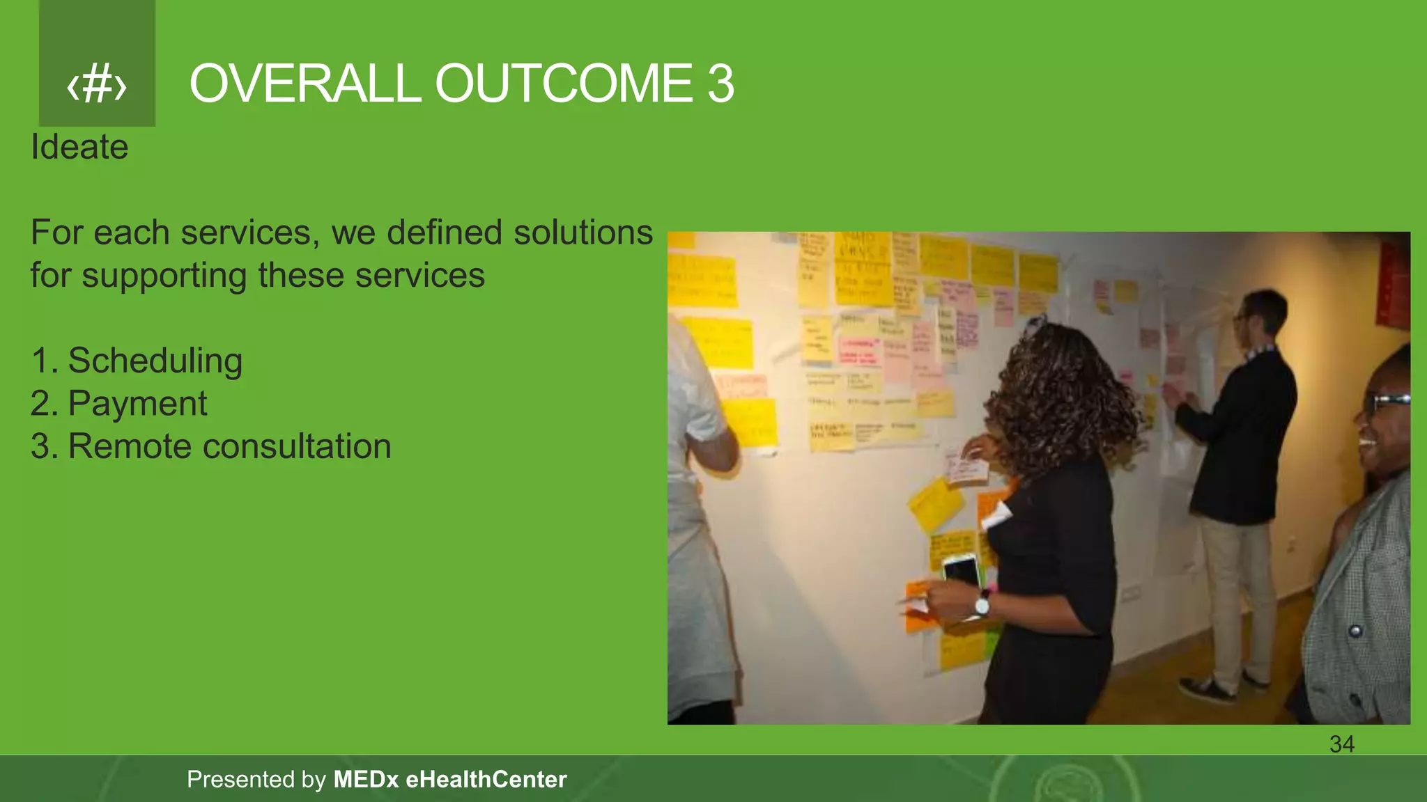 ‹#›
Presented by MEDx eHealthCenter
OVERALL OUTCOME 3
34
Ideate
For each services, we defined solutions
for supporting these services
1. Scheduling
2. Payment
3. Remote consultation
 