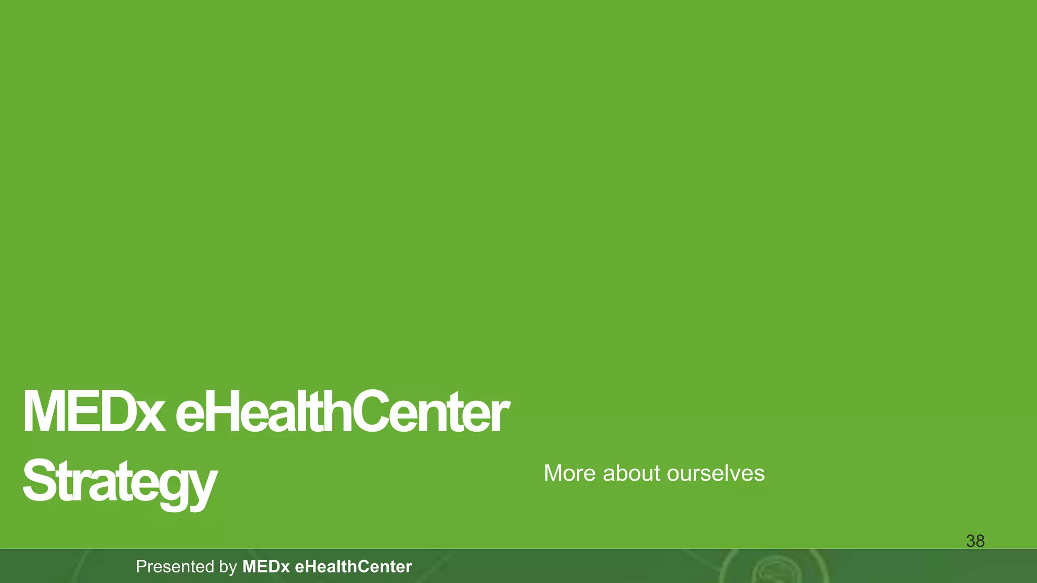 ‹#›
Presented by MEDx eHealthCenter
More about ourselves
MEDxeHealthCenter
Strategy
38
 