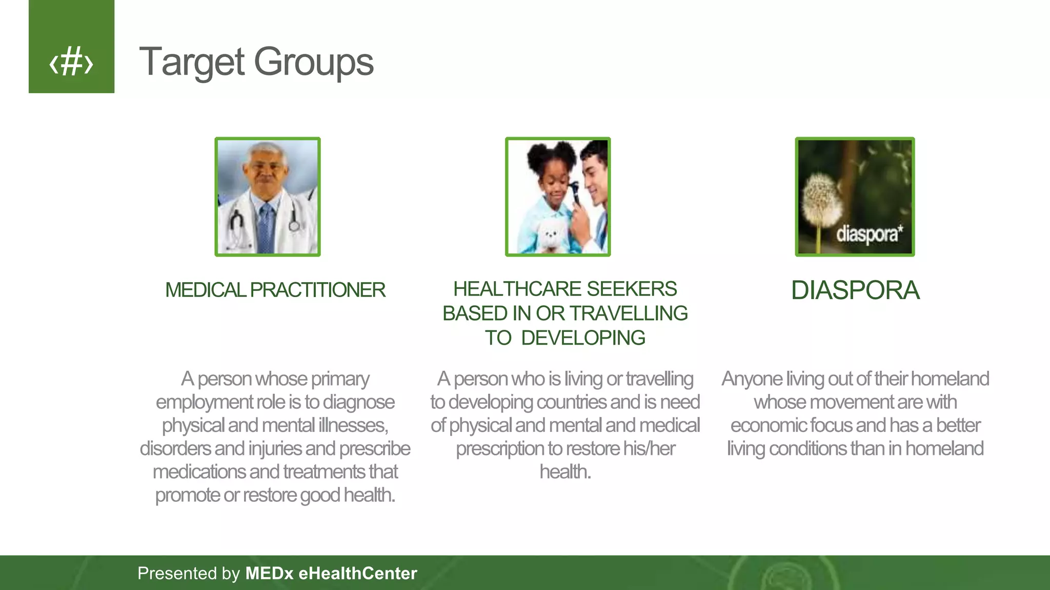 ‹#›
Presented by MEDx eHealthCenter
MEDICALPRACTITIONER
Apersonwhoseprimary
employmentroleistodiagnose
physicalandmentalillnesses,
disordersandinjuriesandprescribe
medicationsandtreatmentsthat
promoteorrestoregoodhealth.
HEALTHCARE SEEKERS
BASED IN OR TRAVELLING
TO DEVELOPING
COUNTRIES
Apersonwhoislivingortravelling
todevelopingcountriesandisneed
ofphysicalandmentalandmedical
prescriptiontorestorehis/her
health.
DIASPORA
Anyonelivingoutoftheirhomeland
whosemovementarewith
economicfocusandhasabetter
livingconditionsthaninhomeland
Target Groups
 
