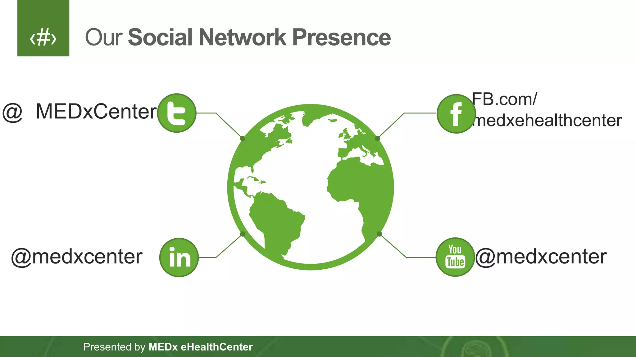 ‹#›
Presented by MEDx eHealthCenter
Our Social Network Presence
MEDxCenter
FB.com/
medxehealthcenter
@medxcenter
@
@medxcenter
 