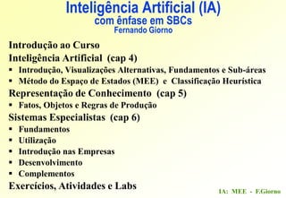 IA: MEE - F.Giorno
Introdução ao Curso
Inteligência Artificial (cap 4)
 Introdução, Visualizações Alternativas, Fundamentos e Sub-áreas
 Método do Espaço de Estados (MEE) e Classificação Heurística
Representação de Conhecimento (cap 5)
 Fatos, Objetos e Regras de Produção
Sistemas Especialistas (cap 6)
 Fundamentos
 Utilização
 Introdução nas Empresas
 Desenvolvimento
 Complementos
Exercícios, Atividades e Labs
Inteligência Artificial (IA)
com ênfase em SBCs
Fernando Giorno
 