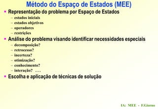 IA: MEE - F.Giorno
 Representação do problema por Espaço de Estados
– estados iniciais
– estados objetivos
– operadores
– restrições
 Análise do problema visando identificar necessidades especiais
– decomposição?
– retrocesso?
– incerteza?
– otimização?
– conhecimento?
– interação? . . .
 Escolha e aplicação de técnicas de solução
Método do Espaço de Estados (MEE)
 