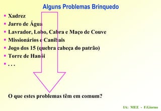IA: MEE - F.Giorno
 Xadrez
 Jarro de Água
 Lavrador, Lobo, Cabra e Maço de Couve
 Missionários e Canibais
 Jogo dos 15 (quebra cabeça do patrão)
 Torre de Hanói
 . . .
O que estes problemas têm em comum?
Alguns Problemas Brinquedo
 
