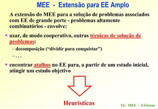 IA: MEE - F.Giorno
MEE - Extensão para EE Amplo
A extensão do MEE para a solução de problemas associados
com EE de grande porte - problemas altamente
combinatórios - envolve:
 usar, de modo cooperativo, outras técnicas de solução de
problemas:
– decomposição (“dividir para conquistar”)
– . . .
 encontrar atalhos no EE para, a partir de um estado inicial,
atingir um estado objetivo
Heurísticas
 