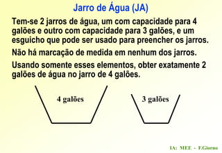 IA: MEE - F.Giorno
Tem-se 2 jarros de água, um com capacidade para 4
galões e outro com capacidade para 3 galões, e um
esguicho que pode ser usado para preencher os jarros.
Não há marcação de medida em nenhum dos jarros.
Usando somente esses elementos, obter exatamente 2
galões de água no jarro de 4 galões.
Jarro de Água (JA)
4 galões 3 galões
 