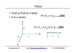 • Push or Pull on a body
• It is a vector
i
Y
X
Z
j
k
F = Fx i + Fy j ……(2D)
F = Fx i + Fy j + Fz k…..(3D)
Devaprakasam D, Email: devaprakasam.d@vit.ac.in, Ph: +91 9786553933
Force
Sign Convention (+ve)
 