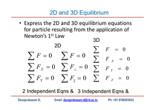 • Express the 2D and 3D equilibrium equations
for particle resulting from the application of
Newton’s 1st Law
0
0
0






Y
X
F
F
F
3D
0
0
0
0








Z
Y
X
F
F
F
F
2D
0
0
0
|| 






F
F
F
2 Independent Eqns & 3 Independent Eqns &
Devaprakasam D, Email: devaprakasam.d@vit.ac.in, Ph: +91 9786553933
2D and 3D Equilibrium
 