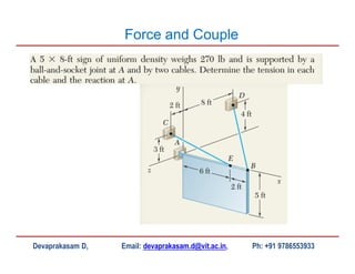 Devaprakasam D, Email: devaprakasam.d@vit.ac.in, Ph: +91 9786553933
Force and Couple
 