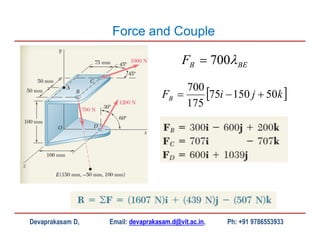 Devaprakasam D, Email: devaprakasam.d@vit.ac.in, Ph: +91 9786553933
Force and Couple
 kjiFB 5015075
175
700

BEBF 700
 