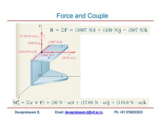 Devaprakasam D, Email: devaprakasam.d@vit.ac.in, Ph: +91 9786553933
Force and Couple
 