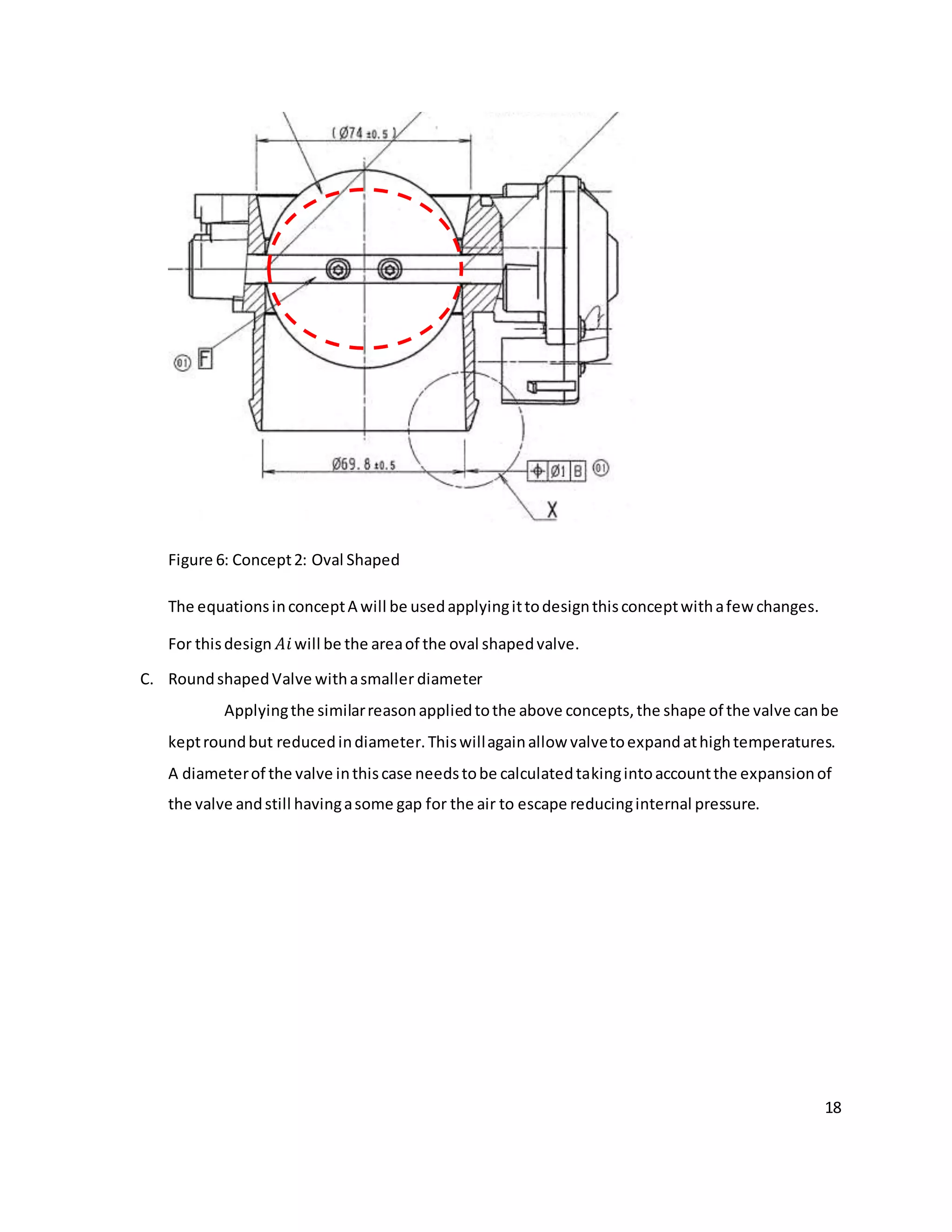 18
Figure 6: Concept2: Oval Shaped
The equationsinconceptA will be usedapplyingittodesignthisconceptwithafew changes.
For thisdesign 𝐴𝑖will be the areaof the oval shapedvalve.
C. RoundshapedValve withasmaller diameter
Applyingthe similarreasonappliedtothe above concepts,the shape of the valve canbe
keptroundbut reducedindiameter.Thiswillagainallow valvetoexpandathightemperatures.
A diameterof the valve inthiscase needstobe calculatedtakingintoaccountthe expansionof
the valve andstill havingasome gap for the air to escape reducinginternal pressure.
 