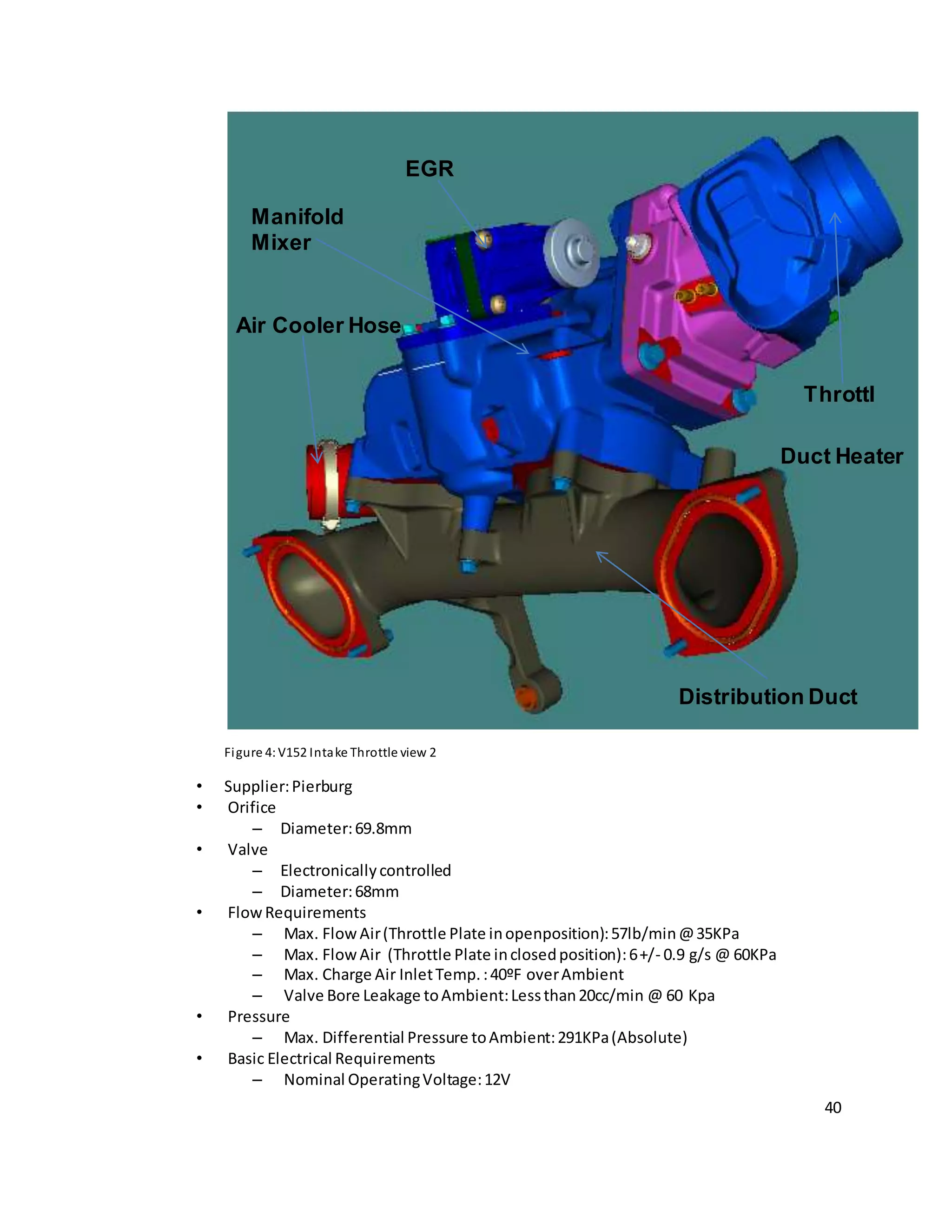 40
Figure 4:V152 Intake Throttle view 2
• Supplier:Pierburg
• Orifice
– Diameter:69.8mm
• Valve
– Electronicallycontrolled
– Diameter:68mm
• FlowRequirements
– Max. FlowAir(Throttle Plate inopenposition):57lb/min@35KPa
– Max. FlowAir (Throttle Plate inclosedposition):6+/- 0.9 g/s @ 60KPa
– Max. Charge Air InletTemp.:40ºF overAmbient
– Valve Bore Leakage toAmbient:Lessthan20cc/min @ 60 Kpa
• Pressure
– Max. Differential Pressure toAmbient:291KPa(Absolute)
• Basic Electrical Requirements
– Nominal OperatingVoltage:12V
Manifold
Mixer
Duct Heater
Throttl
Distribution Duct
Air Cooler Hose
EGR
 