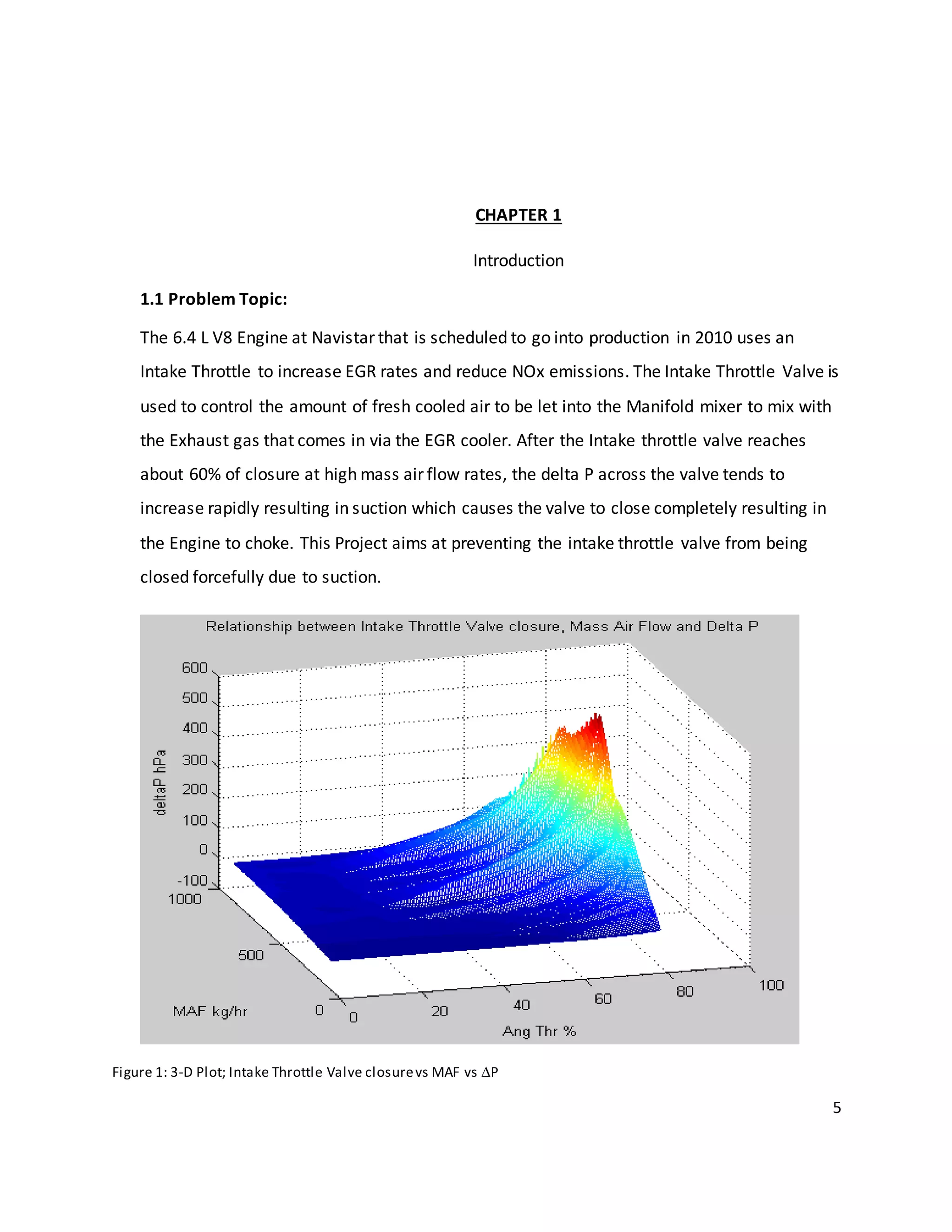 5
CHAPTER 1
Introduction
1.1 Problem Topic:
The 6.4 L V8 Engine at Navistar that is scheduled to go into production in 2010 uses an
Intake Throttle to increase EGR rates and reduce NOx emissions. The Intake Throttle Valve is
used to control the amount of fresh cooled air to be let into the Manifold mixer to mix with
the Exhaust gas that comes in via the EGR cooler. After the Intake throttle valve reaches
about 60% of closure at high mass air flow rates, the delta P across the valve tends to
increase rapidly resulting in suction which causes the valve to close completely resulting in
the Engine to choke. This Project aims at preventing the intake throttle valve from being
closed forcefully due to suction.
Figure 1: 3-D Plot; Intake Throttle Valve closurevs MAF vs P
 