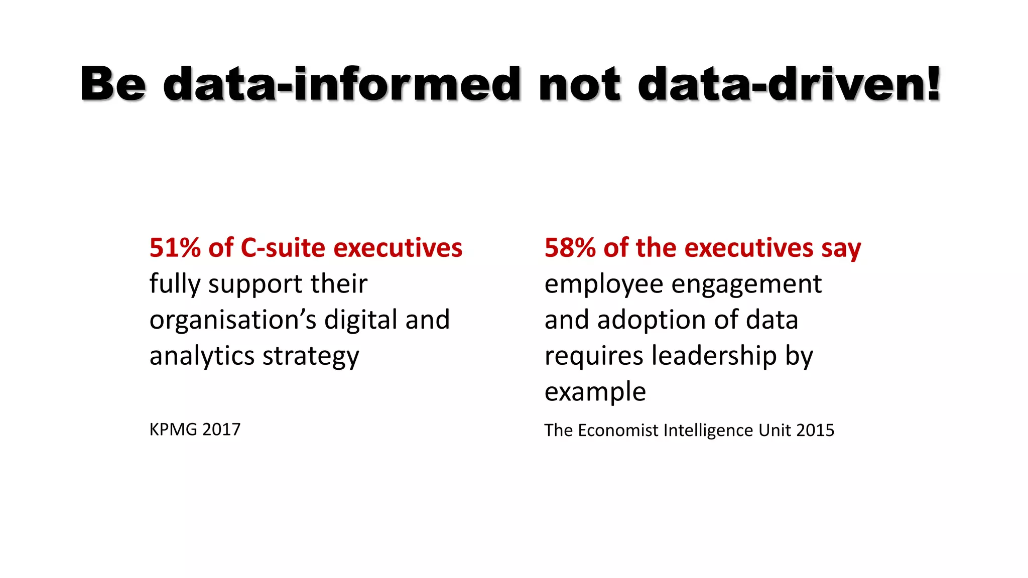 Be data-informed not data-driven!
51% of C-suite executives
fully support their
organisation’s digital and
analytics strategy
58% of the executives say
employee engagement
and adoption of data
requires leadership by
example
The Economist Intelligence Unit 2015KPMG 2017
 