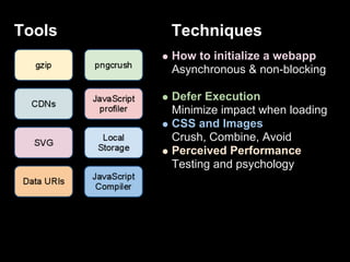 Tools   Techniques
        How to initialize a webapp
        Asynchronous & non-blocking

        Defer Execution
       ...