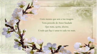 Creio mesmo que sem a tua imagem
Teria perecido de Amor-Saudade
Que mata, açoita, alucina.
E tudo que faço é amar-te cada vez mais.
 