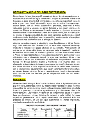DRENAJE Y MANEJO DEL AGUA SUBTERRANEA
Dependiendo de la región geográfica donde se ubican, las minas pueden drenar
caudales muy variados de agua subterránea. El agua subterránea puede estar
localizada a poca profundidad en interacción con el agua superficial o puede
estar a gran profundidad, sin relación alguna con superficie. Las que mayor
caudal tienen, son las minas subterráneas profundas, asociadas a rocas
volcánicas jóvenes y ubicadas en zonas lluviosas y con mayor extensión de
socavones. El agua subterránea comúnmente se extrae por bombeo, aunque en
contados casos se han construido túneles en su parte inferior, con el fin exclusivo
de evacuar el agua por gravedad. En este caso, a pesar de que la inversión inicial
suele ser muy alta, los bajos costos de operación y mantenimiento, a largo plazo
resultan ser más económicos que el drenaje por bombeo.
Algunos proyectos mineros a tajo abierto como San Gregorio y Minas Conga,
cuyo nivel freático es alto deberán incluir un exhaustivo programa de drenaje
mediante la instalación de pozos tubulares en su perímetro. Análogamente, el
drenaje de las minas subterráneas se hace para evitar la inundación mediante
los métodos tradicionales de bombeo o gravedad. Muchas minas como Animón
y Arcata por estar localizadas en rocas volcánicas altamente permeables tienen
dificultades con el abundante caudal de agua que bombean. Minas como
Casapalca y Julcani han solucionado eficientemente sus problemas mediante
túneles de drenaje (túneles Graton y Gandolini), pero muchas otras con
abundante pirita comúnmente tienen problemas de generación de aguas ácidas.
Las minas próximas a focos magmáticos o volcánicos suelen tener problemas
con la emanación de aguas termales que elevan sustancialmente la temperatura
en algunas labores mineras. Tal es el caso de la mina Huachocolpa que entre
otras razones tuvo que cerrarse por el insoportable calor de sus niveles
inferiores.
Demandas:
No existe minería sin agua. En la operación de una mina, el agua desempeña un
papel decisivo, sobre todo porque su disponibilidad y calidad son cada vez más
restringidos. La mayor demanda ocurre en los procesos metalúrgicos, siendo la
flotación la que mayor consumo de agua demanda, y la lixiviación en pilas, la de
menor consumo. La población residente en los campamentos ocupa el segundo
lugar en demandas, porque debido a la escasez o mala calidad del agua
superficial, generalmente utiliza aguas subterráneas de manantial. Para los
procesos de minado, el uso del agua subterránea es menos importante,
resultando generalmente un obstáculo
 