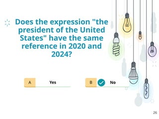 Does the expression "the
president of the United
States" have the same
reference in 2020 and
2024?
26
Yes No
A B
 