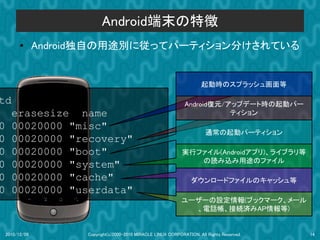 Android端末の特徴
          ●      Android独自の用途別に従ってパーティション分けされている


                                                                          起動時のスプラッシュ画面等

td                                                                Android復元/アップデート時の起動パー
      erasesize name                                                         ティション
0     00020000 "misc"
                                                                           通常の起動パーティション
0     00020000 "recovery"
0     00020000 "boot"                                            実行ファイル(Androidアプリ)、ライブラリ等
                                                                    の読み込み用途のファイル
0     00020000 "system"
0     00020000 "cache"                                               ダウンロードファイルのキャッシュ等
0     00020000 "userdata"
                                                                 ユーザーの設定情報(ブックマーク、メール
                                                                   、電話帳、接続済みAP情報等)


    2010/12/09         Copyright(c)2000-2010 MIRACLE LINUX CORPORATION. All Rights Reserved.   14
 