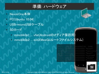 準備: ハードウェア
      ●      NexusOne本体
      ●
             PC(Ubuntu 10.04)
      ●      USB-microUSBケーブル
      ●      SDカード
             ●   mmcblk0p1 ... vfat(Androidのメディア保存用)
             ●   mmcblk0p2 ... ext3(MeeGoルートファイルシステム)
                                                                    dev:         size           erasesize name
                                                                    mtd0:      000e0000         00020000 "misc"
                                                                    mtd1:      00500000         00020000 "recovery"
                                                                    mtd2:      00280000         00020000 "boot"
                                                                    mtd3:      09100000         00020000 "system"
                                                                    mtd4:      05f00000         00020000 "cache"
                                                                    mtd5:      0c440000         00020000 "userdata"




2010/12/09              Copyright(c)2000-2010 MIRACLE LINUX CORPORATION. All Rights Reserved.                    28
 