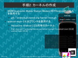 手順2: カーネルの作成
      ●      MSM(Qualcomm Mobile Station Modem)向けAndroidカーネル
             を使用する
                                                                                                            boot.img
             ●
                git://android.git.kernel.org/kernel/msm.git
                                                                                                     zImage + cmdline + initrd
      ●      android-msm-2.6.32ブランチを使用する
             ●   NexusOne Android 2.2と同等のカーネル
             ●   $ git clone git://android.git.kernel.org/kernel/msm.git -b android-msm-2.6.32
                 android-msm-2.6.32

                                                                         dev:         size           erasesize name
                                                                         mtd0:      000e0000         00020000 "misc"
                                                                         mtd1:      00500000         00020000 "recovery"
                                                                         mtd2:      00280000         00020000 "boot"
                                                                         mtd3:      09100000         00020000 "system"
                                                                         mtd4:      05f00000         00020000 "cache"
                                                                         mtd5:      0c440000         00020000 "userdata"




2010/12/09                   Copyright(c)2000-2010 MIRACLE LINUX CORPORATION. All Rights Reserved.                               32
 
