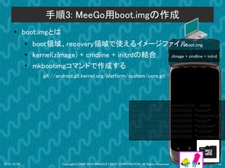 手順3: MeeGo用boot.imgの作成
      ●      boot.imgとは
             ●
                 boot領域、recovery領域で使えるイメージファイル               boot.img
             ●   kernel(zImage) + cmdline + initrdの結合 zImage + cmdline + initrd

             ●   mkbootimgコマンドで作成する
                  –   git://android.git.kernel.org/platform/system/core.git




                                                                          dev:         size           erasesize name
                                                                          mtd0:      000e0000         00020000 "misc"
                                                                          mtd1:      00500000         00020000 "recovery"
                                                                          mtd2:      00280000         00020000 "boot"
                                                                          mtd3:      09100000         00020000 "system"
                                                                          mtd4:      05f00000         00020000 "cache"
                                                                          mtd5:      0c440000         00020000 "userdata"




2010/12/09                    Copyright(c)2000-2010 MIRACLE LINUX CORPORATION. All Rights Reserved.                    35
 