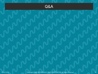 Q&A




2010/12/09   Copyright(c)2000-2010 MIRACLE LINUX CORPORATION. All Rights Reserved.   49
 